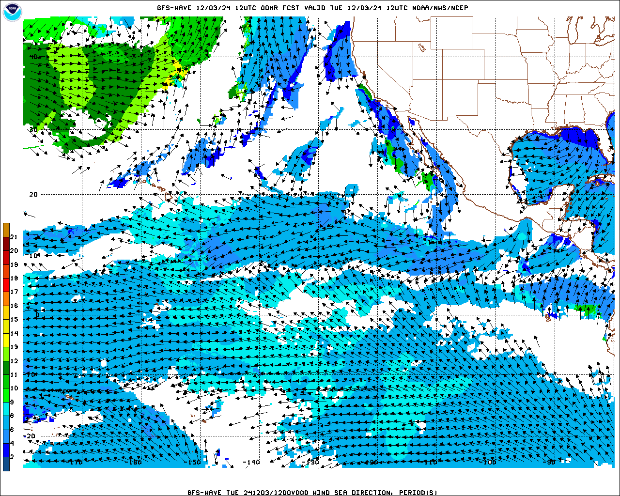 West Coast USA Wind Speed and Direction Forecast