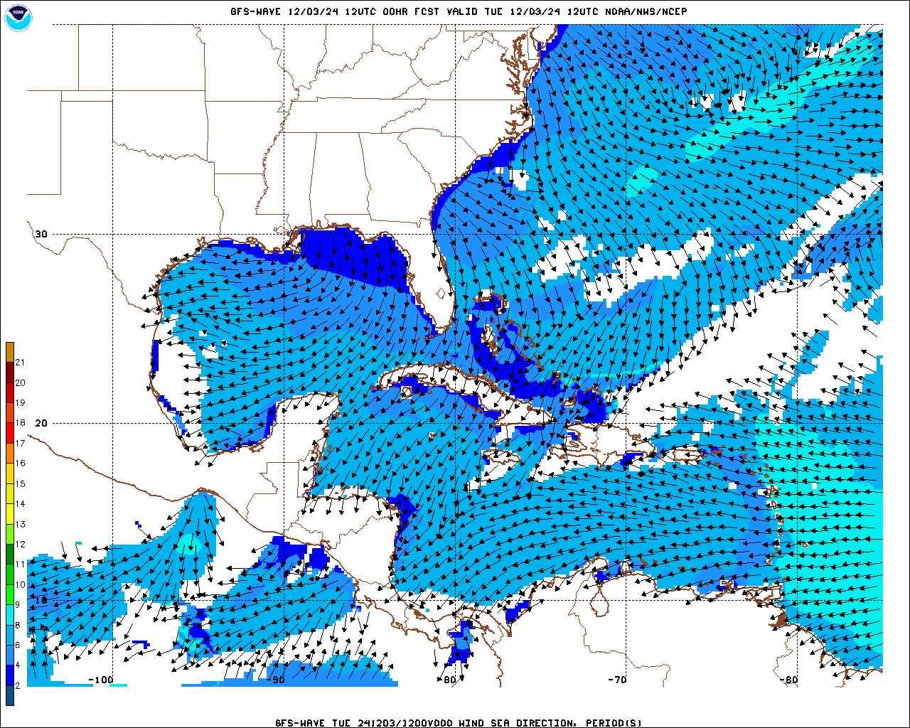 Brazil, Mexico and East Coast USA Wind Speed and Direction Forecast