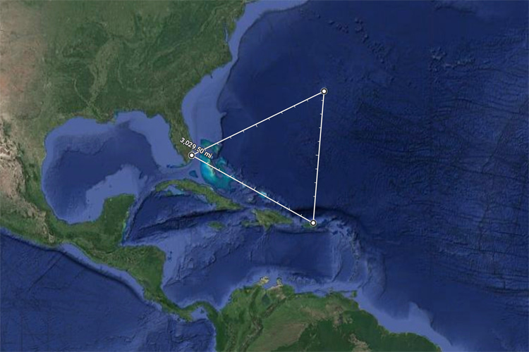 Bermuda Triangle: an imaginary triangular-shaped region in the southwestern part of the North Atlantic Ocean, roughly bounded by Miami, Puerto Rico, and Bermuda | Illustration: SurferToday