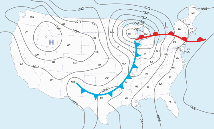 Low-pressure system: it appears on weather maps as tightly packed isobars | Illustration: Shutterstock