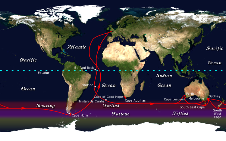 The Clipper Route: a sailing route from west to east that makes use of the strong westerly winds of the Roaring Forties | Illustration: Creative Commons