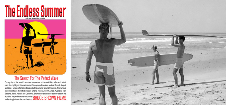 The Endless Summer: the original poster and the photo used by John Van Hamersveld to create the promo | Photo: Bruce Brown Films